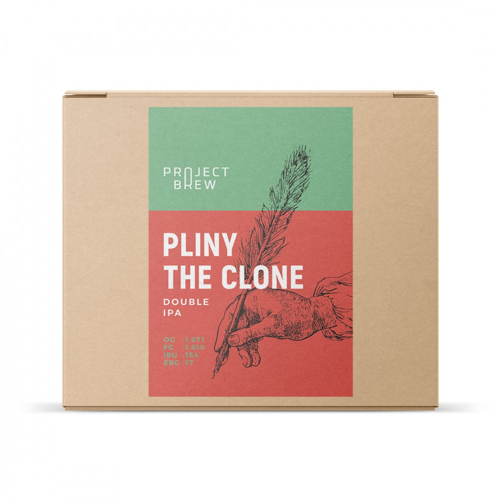 En eske med etikett med Project Brews Pliny the Clone - Double IPA allgrain ølsett, inspirert av Russian River Brewings legendariske oppskrift.