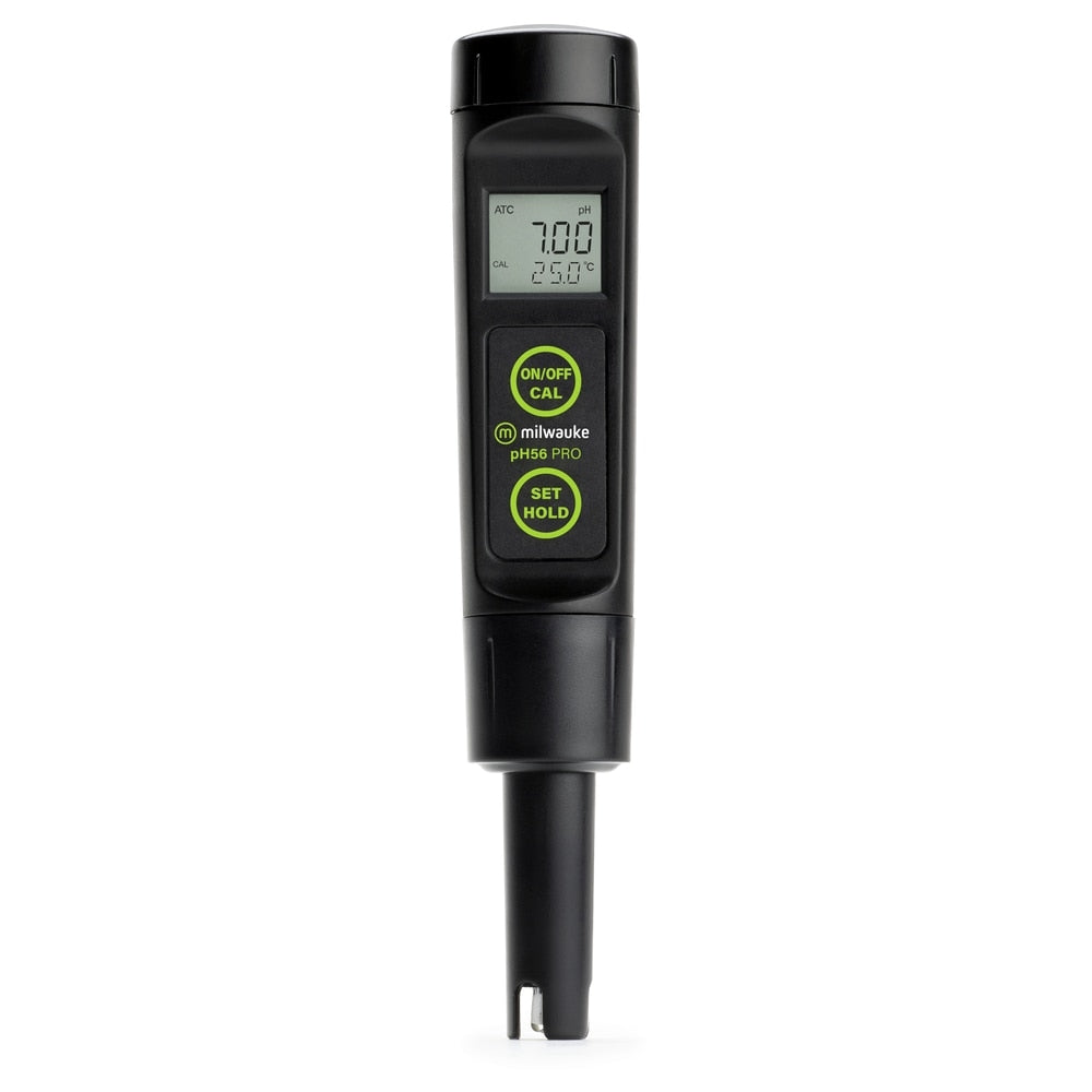 Milwaukee PH56 PRO - vanntett pH-meter med utskiftbar probe viser en pH på 7,00 og temperatur på 25,0 °C, med ON/OFF CAL-, SET- og HOLD-knapper - ideelt for presise målinger hvor som helst.