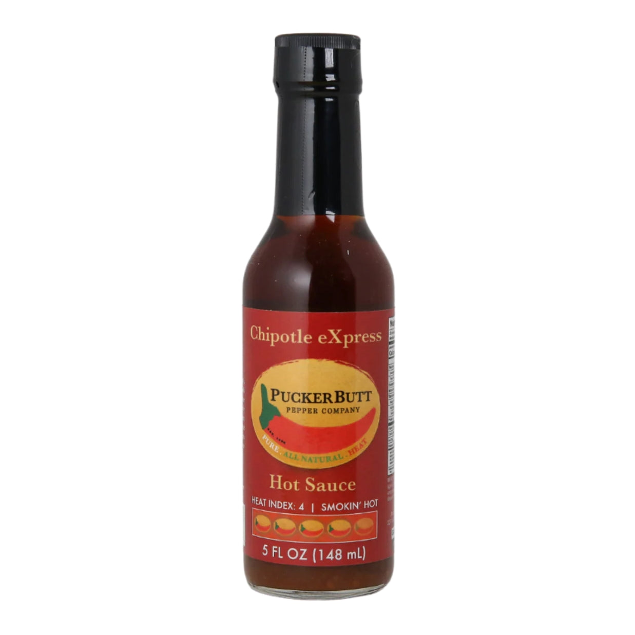 PuckerButt Pepper Companys Chipotle Express Sauce har en kraftig, røykfylt smak og den karakteristiske Pepper X-hetten - ideell for Hot Ones-fans som ønsker et sterkt kick. 148 ml (5 fl oz).