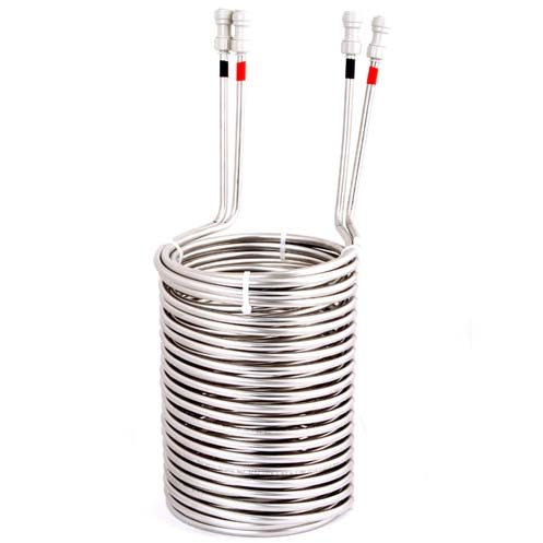 Lindr Coils 1+2 for AS-80 og 3+4 for AS-110 (2 × 11 m) er nedsenkingskjølere i rustfritt stål med loddrette, stripete inn- og utløpsrør, noe som sikrer pålitelig og effektiv kjøling.