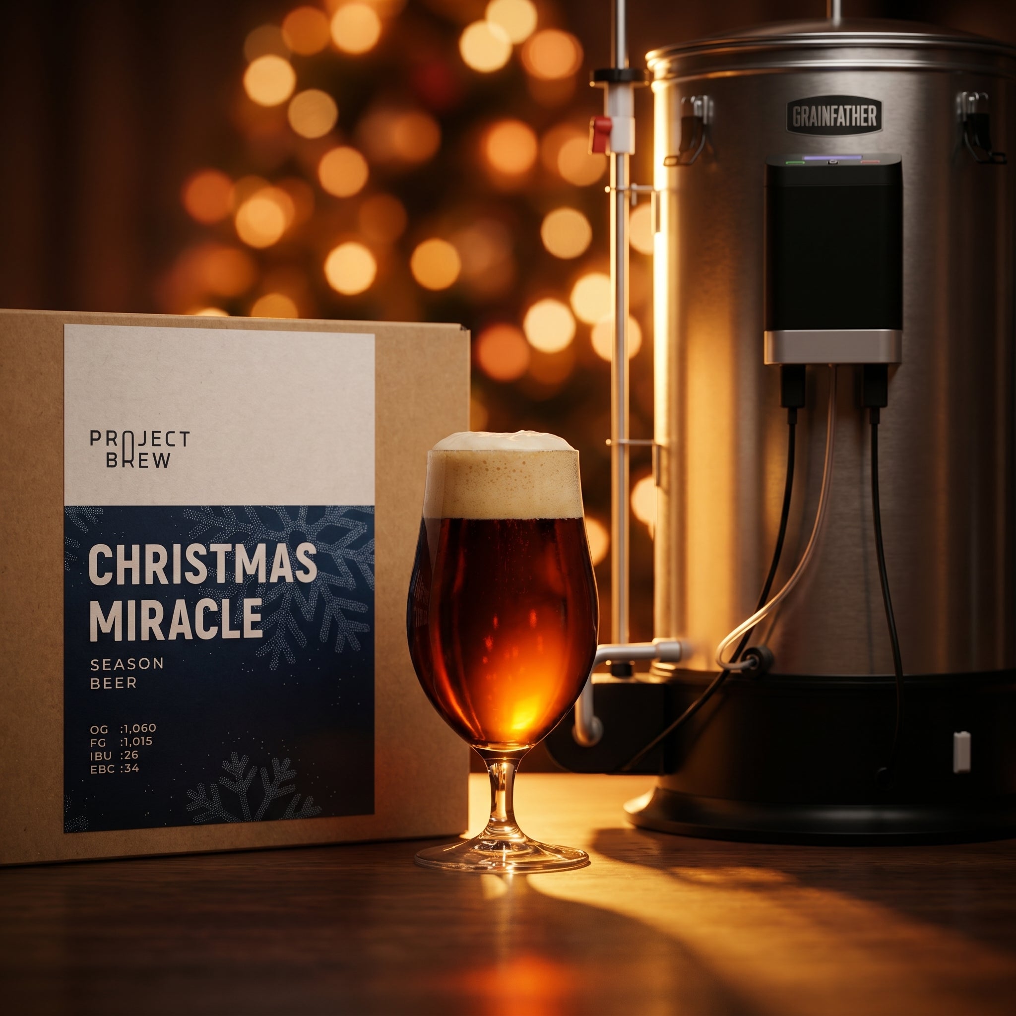 Et glass ravfarget øl med skummende skum står ved siden av en Christmas Miracle - allgrain ølsett-eske, med et uskarpt juletre i bakgrunnen.