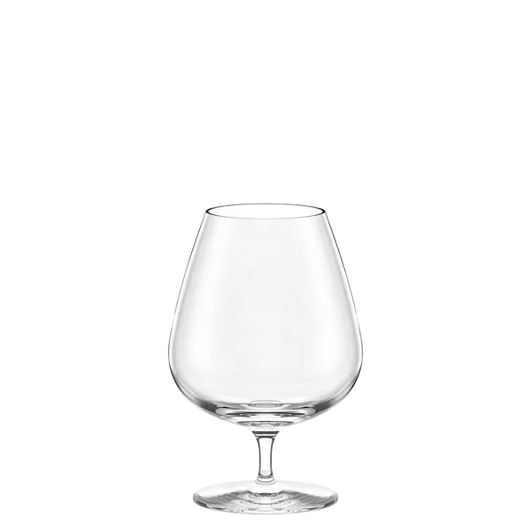 Et klart, tomt Stölzle Lausits Cognac-glass Grandezza 610 ml fra 6-delers settet hviler elegant på en enkel, hvit bakgrunn.