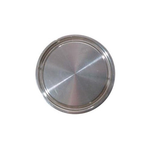 Brewshop 1,5" Tri-Clamp endelokk er en rund, sølvfarget plate laget av 304 rustfritt stål med en glatt, reflekterende overflate sett ovenfra.