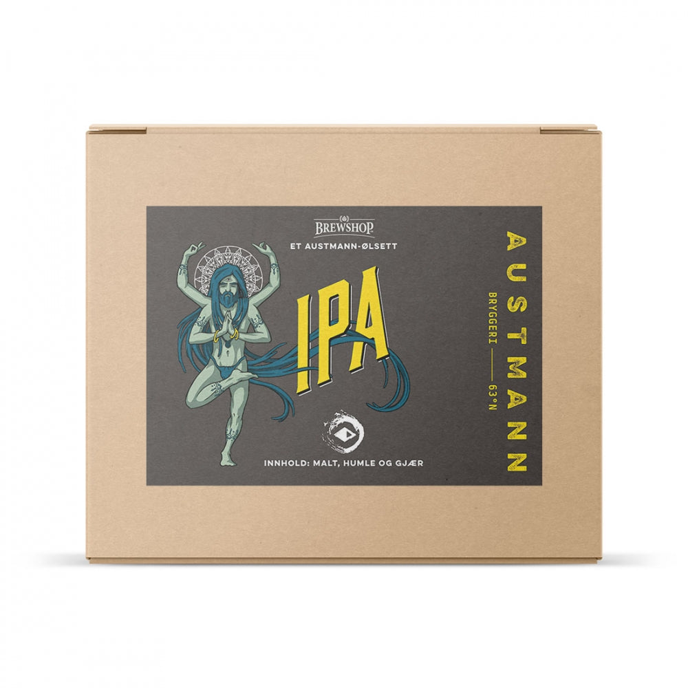 En pappeske merket "Austmann IPA - allgrain ølsett" fra Brewshop, ideell for hjemmebrygging, har en illustrert figur, branding og bryggeinfo på norsk på forsiden.