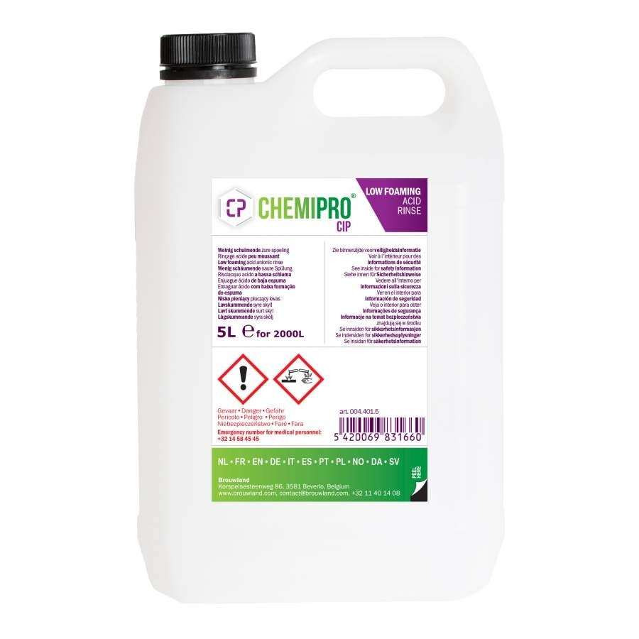 Chemipro CIP 5L er en hvit plastbeholder med syrebasert desinfeksjonsmiddel fra Chemipro, med sikkerhetsadvarsler og bruksanvisning på etiketten.
