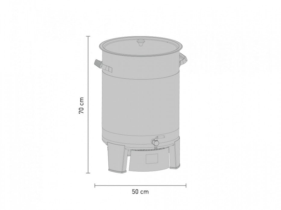 Stregtegning av en Speidel 50L #Braumeister PLUS sylindrisk fermenter med lokk, sidehåndtak, temperaturkontroll og bunnventil; måler 70 cm i høyden og 50 cm i bredden. Merkevare: Speidel.