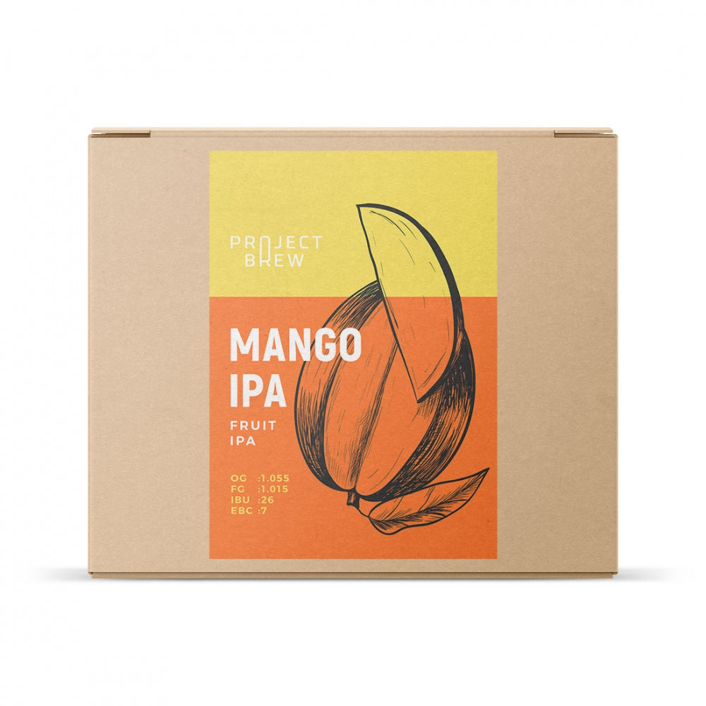 En pappeske merket Project Brew Mango IPA - allgrain ølsett, med en oransjegul mangoillustrasjon - et fruktig ølsett for Mango IPA-entusiaster.