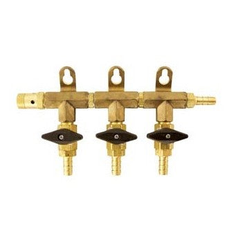 MoreBeer CO2 Manifold - tre utganger har tre ventiler med svart håndtak, 7,93 mm nippel og slangekoblinger for enkel kontroll av gasstrømmen til flere utganger.