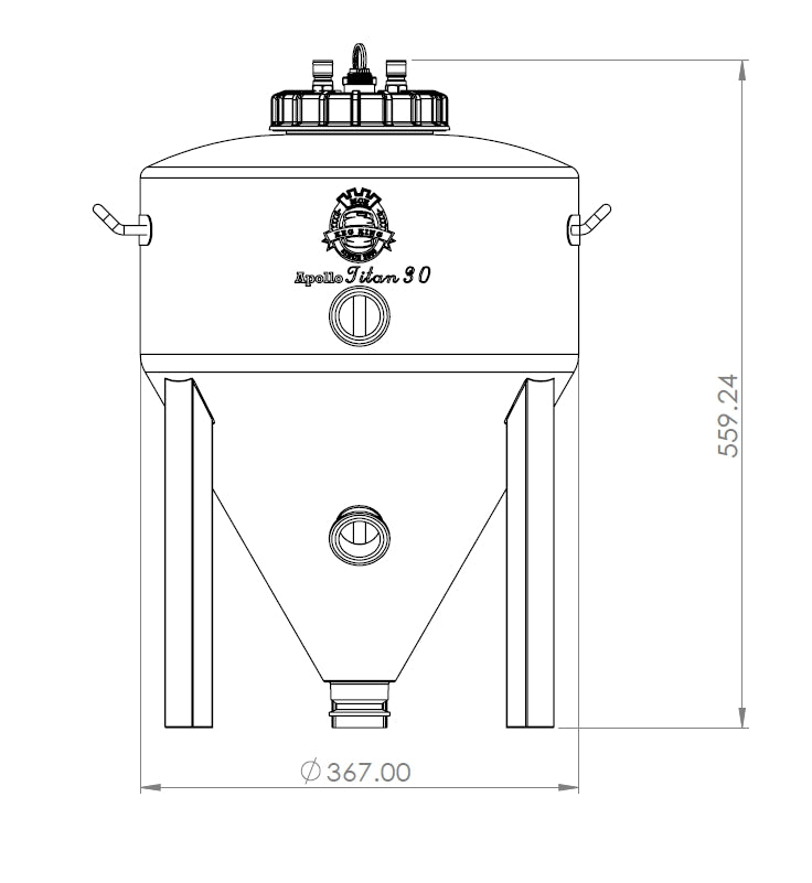Teknisk tegning av Apollo Titan 30L Unitank av rustfritt stål - Keg King, en fermenter i rustfritt stål med tri-clamp porterbeslag, målmarkeringer, 559,24 mm høyde og 367 mm diameter.