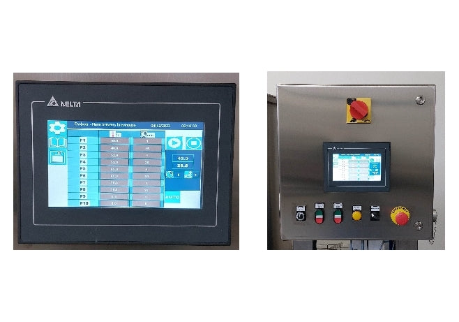 To EnoBeer-Touch kontrollpanel for EnoBeer Enobrau 500 Professional Flame: Én viser innstillinger, én er på rustfritt panel med ekstra knapper og nødstopp, tilpasset gassfyrt brygghus fra EnoBeer.