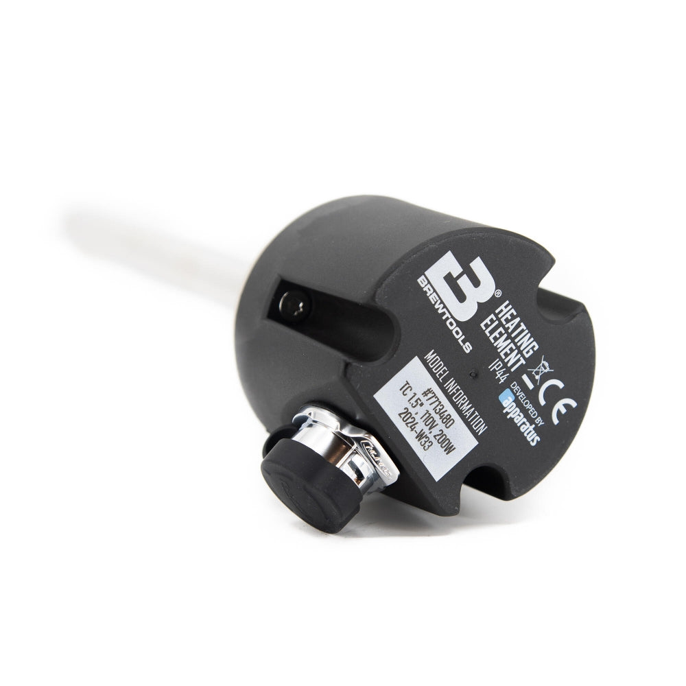 Svart og sølv Brewtools varmeelement til Unitank og MiniUni 200W, uten kabel, med etikett som viser modell- og spenning, fotografert på hvit bakgrunn.