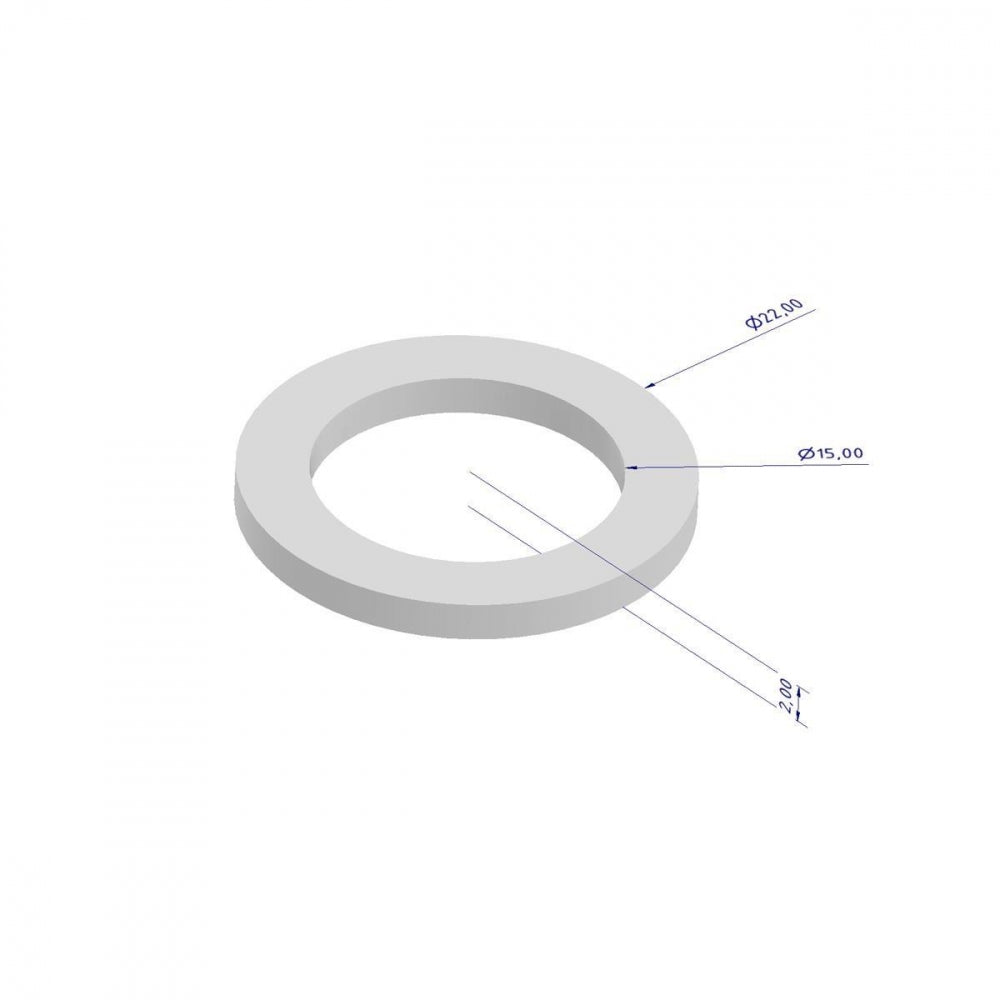 3D-gjengivelse av Brewtools Pakning, 22x15x2mm, 2 stk, som viser merkede dimensjoner: ytre diameter 22 mm, indre diameter 15 mm, tykkelse 2 mm.