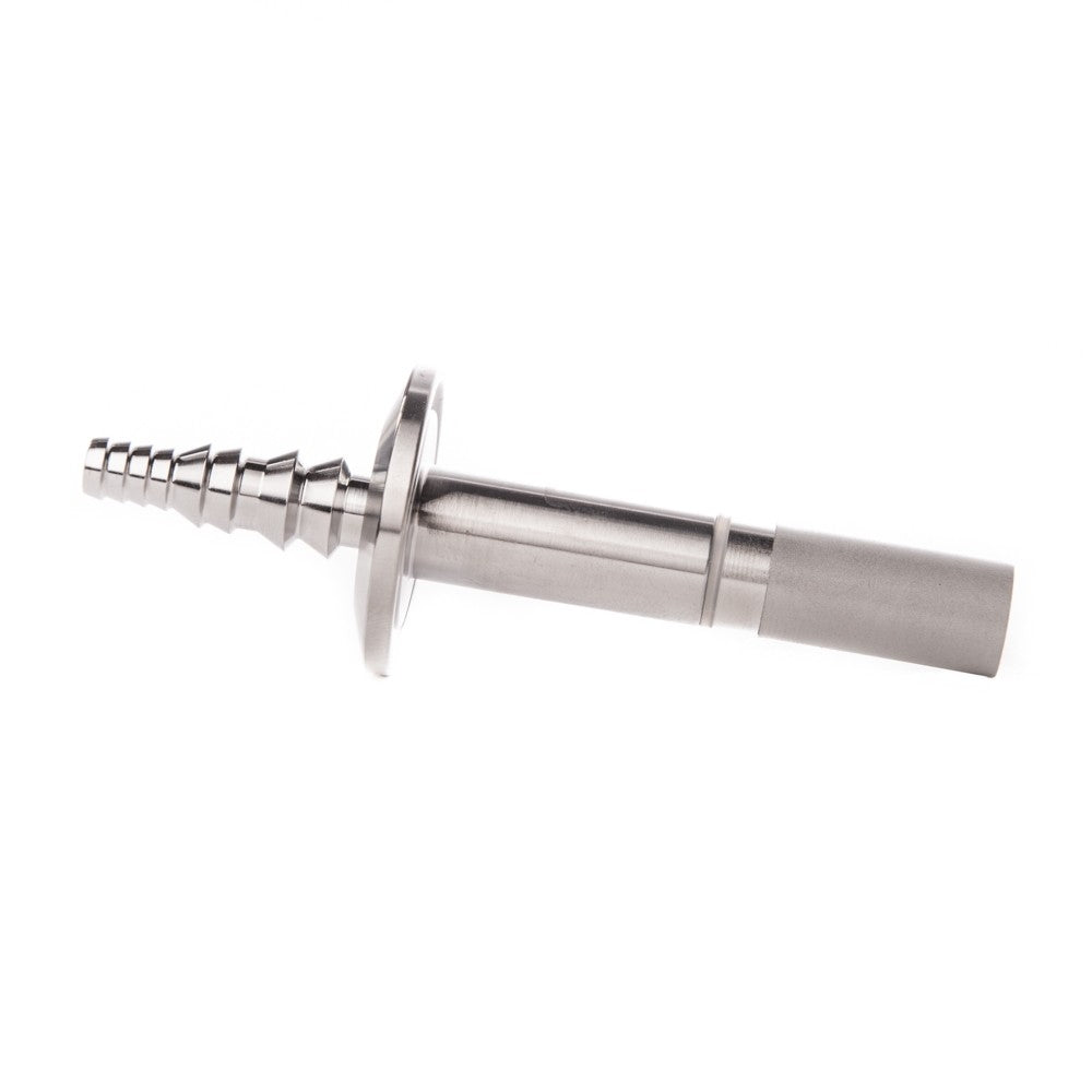 En konisk metalldel i rustfritt stål med flens og sylindrisk håndtak til Brewtools Inline Oksygenerings-kit, 34 mm tri-clamp, isolert på hvit bakgrunn.