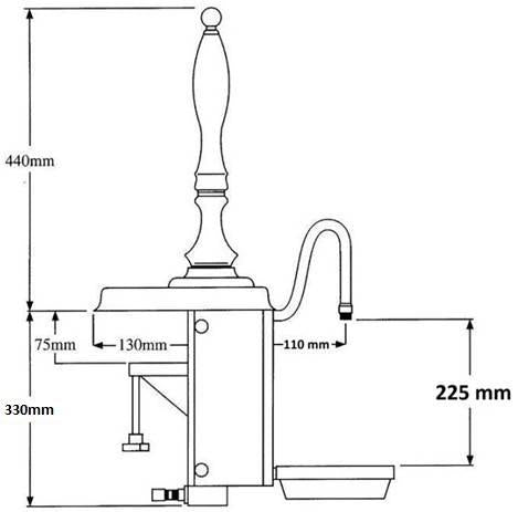 Teknisk strektegning av Masons Pint365 Chrome and Black - Beer Engine håndpumpe som viser merkede dimensjoner: 440 mm høyde, 330 mm sokkelhøyde, 225 mm tuthøyde, 110 mm tutrekkevidde, 130 mm sokkeldybde og 75 mm monteringshøyde.