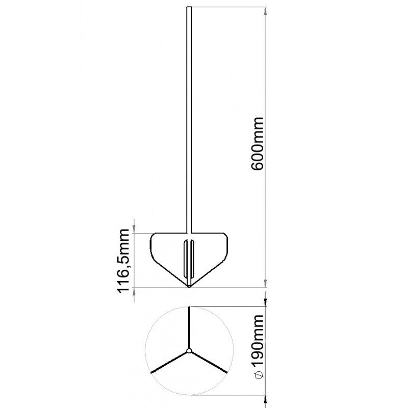Teknisk tegning av Small shovel whirlpool - BacBrewing by BacBrewing: en 600 mm lang AISI 304 rustfritt stål drill paddle mixer med et trekantet blad, 116,5 mm høyt og 190 mm i diameter.