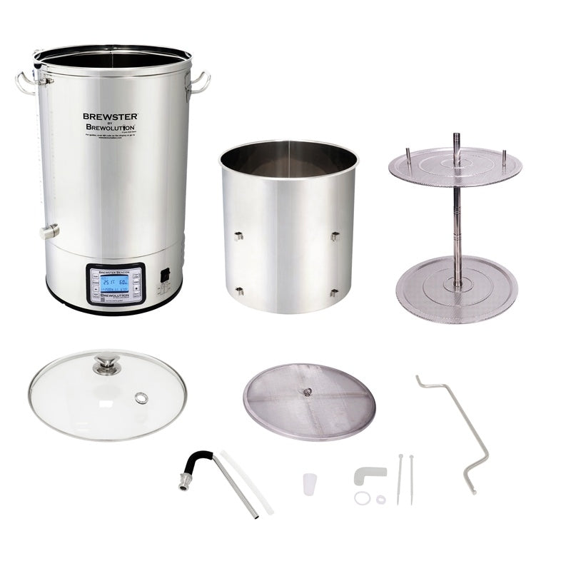 Brewster Beacon 40L fra Brewolution er et hjemmebryggingssystem i rustfritt stål med temperaturkontroll, digitalt display, avtakbar innvendig sylinder, filterplater, glasslokk, slanger, verktøy og tilbehør på en hvit bakgrunn.