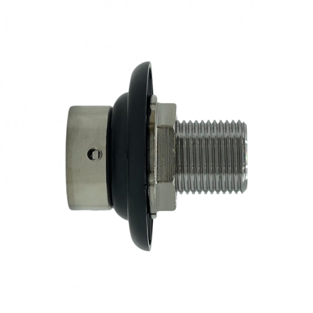 Brewshop Gjennomføring 5cm til tappekran er en gjenget armatur i metall med svart flens, vist i sideprofil på hvit bakgrunn; har 5/8" BSP gjenger for sikker installasjon.