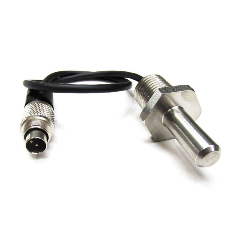 Speidel Temperatursensor til Braumeister 10/20/50 liter er en industrisensor i metall med gjenget kropp og en svart kabel som ender i en sirkulær trepinners kontakt.