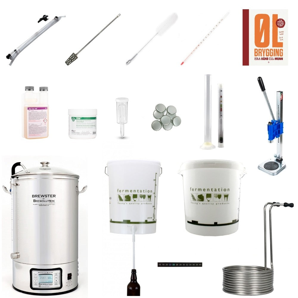 Brewshop Beacon 40L Brewery Kit - Komplett startsett inneholder fermentorer, flasker, bryggekjele, bryggesett, kapsel, desinfiseringsmiddel, termometer og bryggeredskaper - alt arrangert på en hvit bakgrunn.