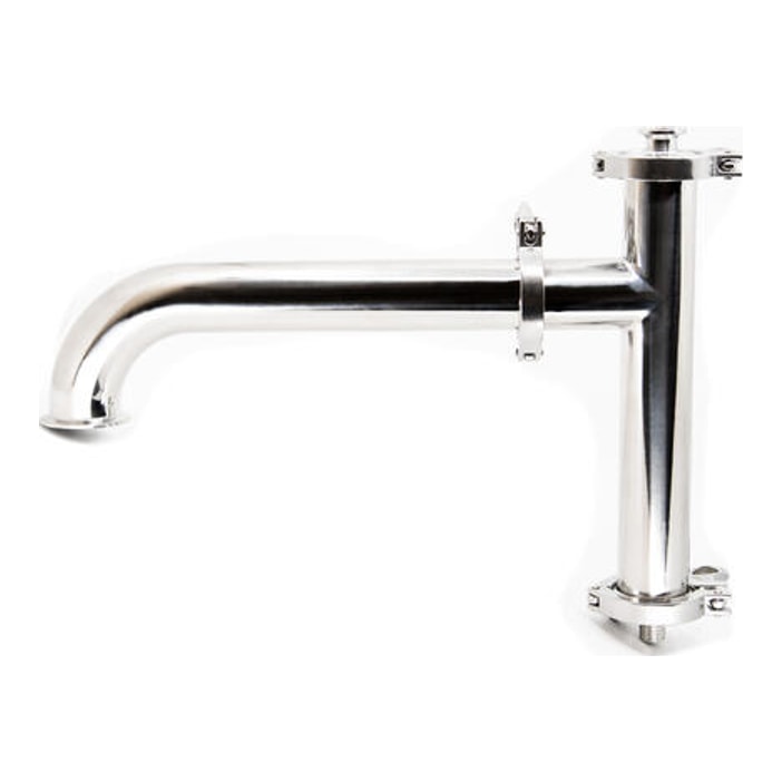 Dampkondensator 2-delt, 2" i rustfritt stål fra Brewtools, med T-stykke, albue og Tri-Clamp-klemmer, mot hvit bakgrunn