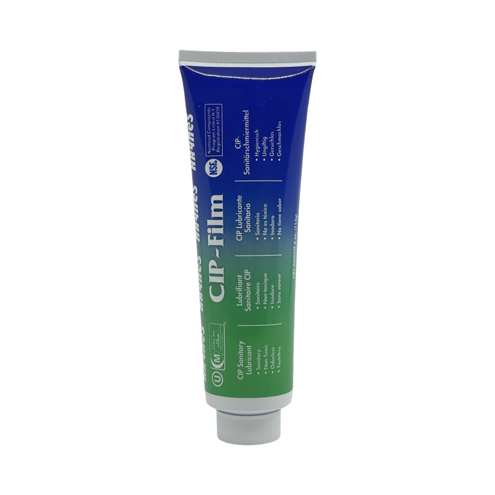 En tube merket Haynes CIP Film (118 ml, 113 g) - Keg Lube, med blå og grønne seksjoner, viser produktinformasjon for smøring og desinfisering. Merkevare: Haynes.
