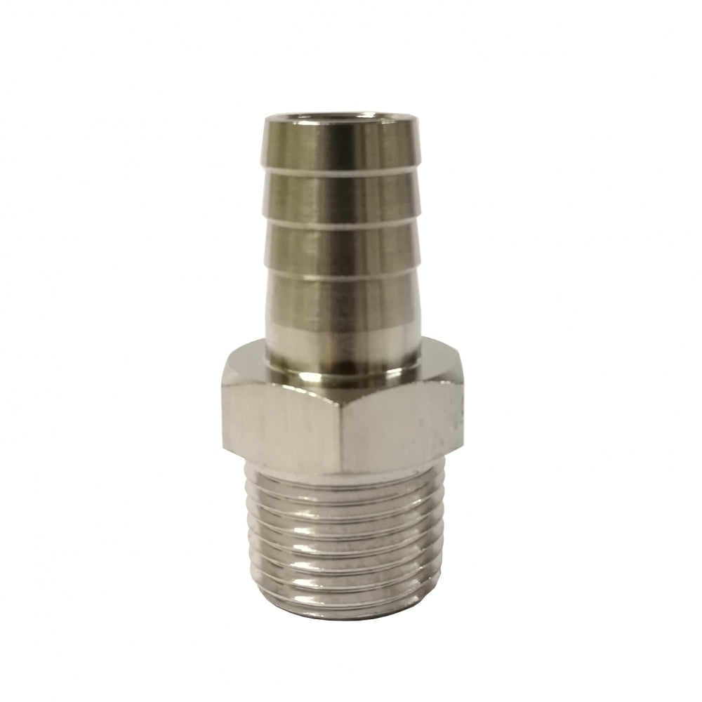 Megaflex Slangenippel 1/2" NPT x 16 mm er en metallisk slangestuss laget av rustfritt stål 304, med en gjenget hannende og riflet stuss for tilkobling av slange eller rør, vist på en vanlig hvit bakgrunn.