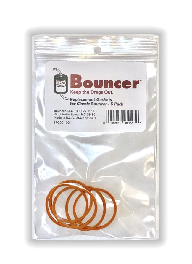 En gjennomsiktig plastpose inneholder fem oransje "Pakning til Bouncer Inline Beer Filter - 5stk"-pakninger fra Bouncer, med et merket toppkort som viser produkt- og bedriftsinformasjon.