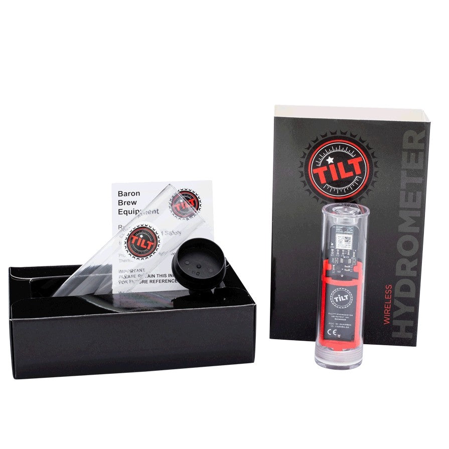 Tilt Hydrometer & Termometer fra Tilt Hydrometer leveres i et gjennomsiktig rør med brukerveiledning og en elegant svart eske - perfekt for bryggeentusiaster som ønsker nøyaktige og praktiske bryggemålinger.