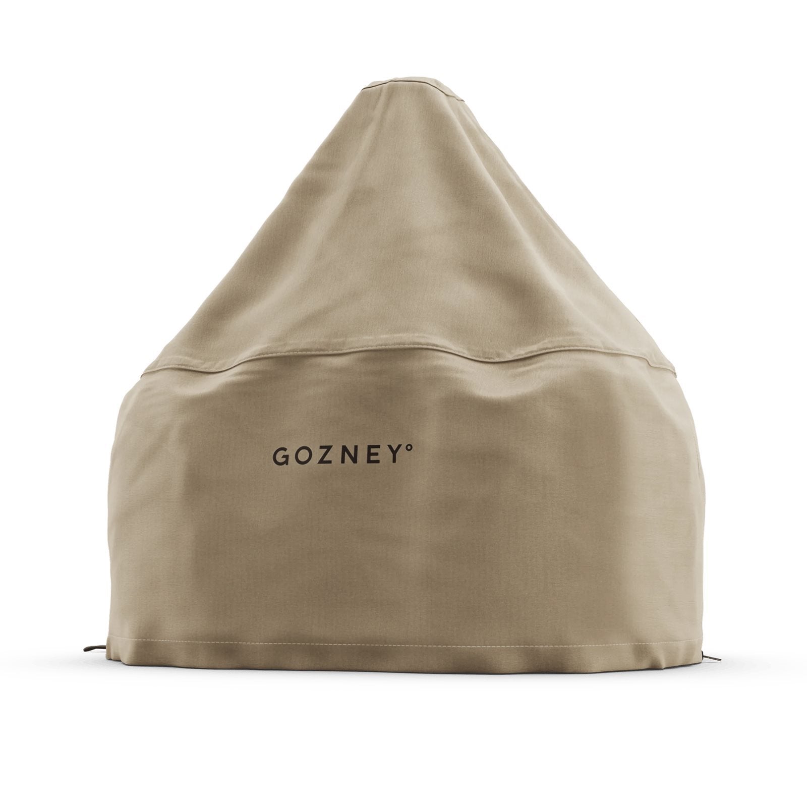 Gozney Dome Cover Gen 2 XL Trekk i beige, med "Gozney"-trykk, passer over en konisk pizzaovn for å gi stilig og pålitelig beskyttelse.