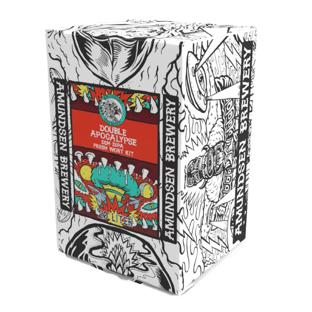 En 20 liters eske med Amundsen Double Apocalypse Double IPA Fresh Wort Kit fra Amundsen, med dristig svart-hvitt kunstverk og en fargerik etikett på forsiden.