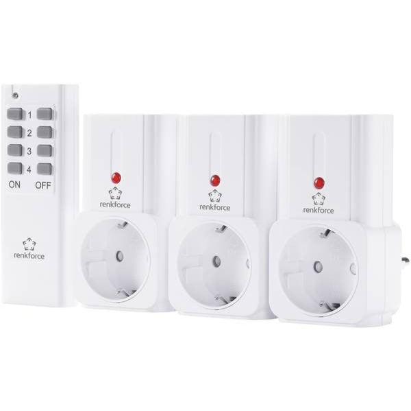 Renkforce 433MHz Fjernstrømbryter 3 stk - Smartplug inkluderer tre hvite smartplugger og en fjernkontroll med fire nummererte knapper samt en av/på-bryter for enkel plug & play-bruk.