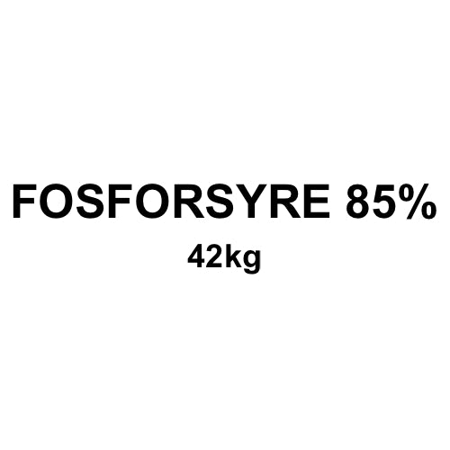 Fosforsyre 85% 42kg (IMCD) i fete svarte bokstaver på hvit bakgrunn, merket som farlig gods og med referanse til sikkerhetsdatablad.