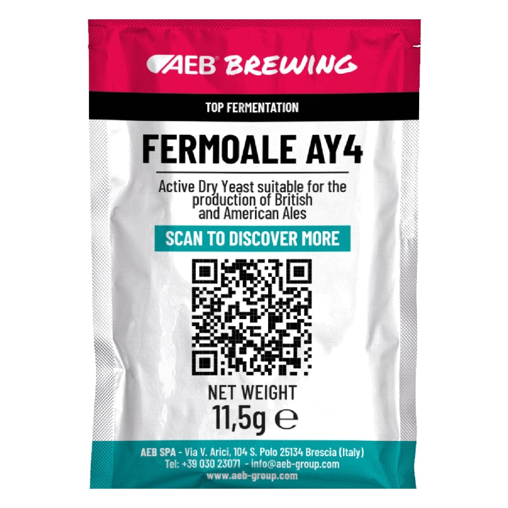 AEB Brewing Fermoale AY4 11,5g tørrgjær for britisk og amerikansk overgjæret øl, med QR-kode og produktinformasjon på forsiden.