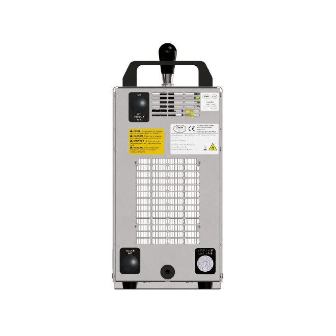 Lindr PYGMY 25 NEW Green Line uten kompressor mobilt tappetårn fra Lindr, sett bakfra, med strømbryter, indikatorlamper, advarselsetiketter, ventilasjonsgitter og topphåndtak - perfekt for hjemmebryggere eller tappetårnoppsett.