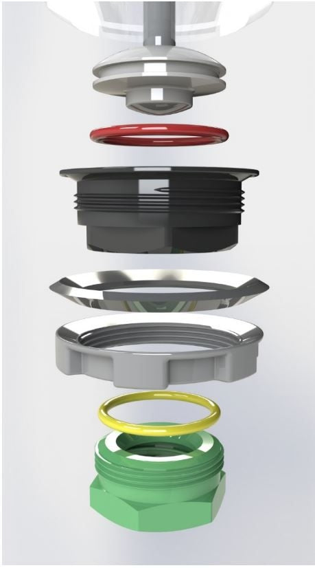 En eksplodert visning av Apollo 60L Unitank - Keg King by Keg King viser komponentene - inkludert skiver, tetninger, ringer og gjengede deler - innrettet vertikalt.