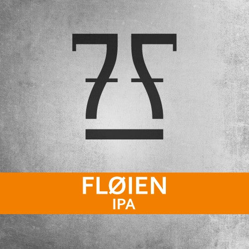 Et svart geometrisk symbol sitter over en oransje bar med "7 Fjell Fløien IPA" i hvitt, satt på en grå teksturert bakgrunn - ideelt for hjemmebryggeren som er på utkikk etter en ølsett fra Brewshop.