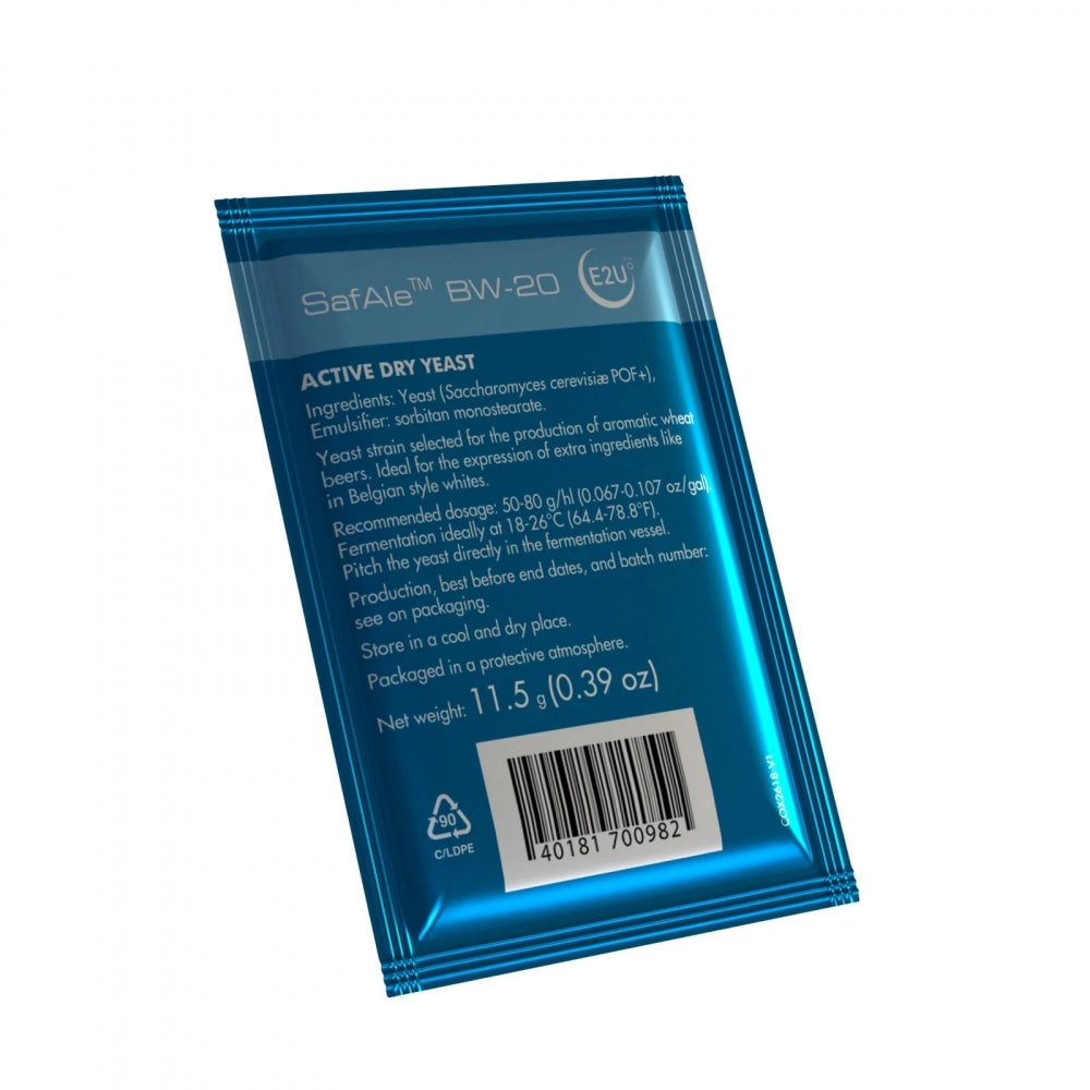 En blå foliepakke merket Fermentis SafAle BW-20 - 11,5 g (Belgian Wit) inneholder aktiv tørrgjær, med ingredienser, bruksanvisning og oppbevaringsinformasjon trykt på baksiden.