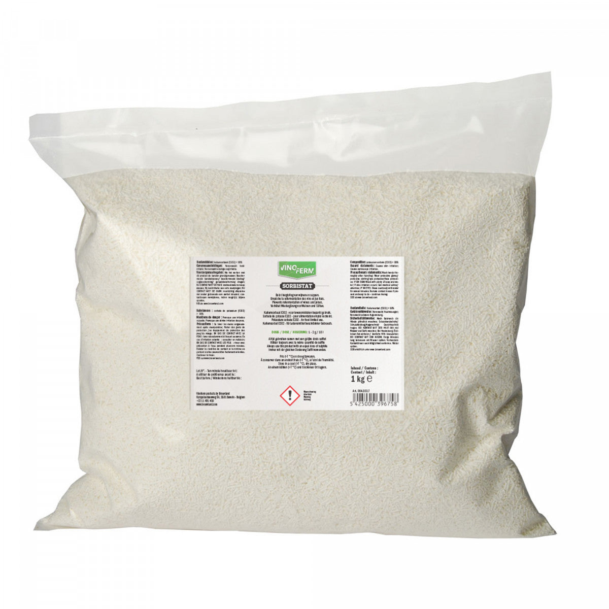 Sorbistat 1 kg (Kaliumsorbat) fra Vinoferm er et hvitt pulver som er mye brukt til vinstabilisering og som konserveringsmiddel.