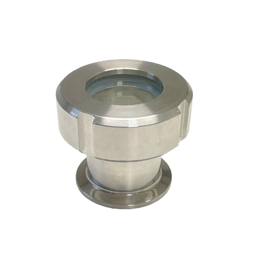 Brewshop 1,5" Tri-Clamp Union Siktglass er laget av 304 rustfritt stål med et klart herdetglassvindu, designet for overvåking av gjennomstrømning i industrielle rørledninger.