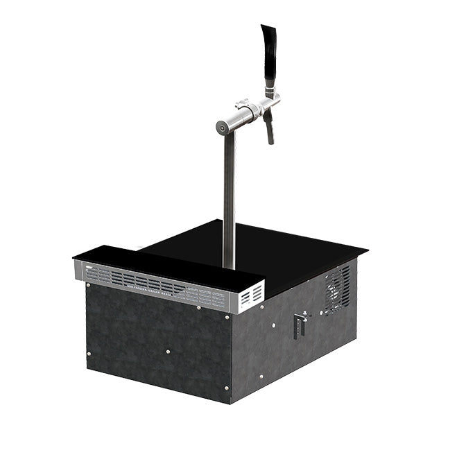 Lindr PYGMY Pro Kitchen fra Lindr er en fatølsdispenser med et enkelt tappetårn, svart benkeplate og innebygd kjøling - ideell for hjemmebarer og kjøkkenbruk.
