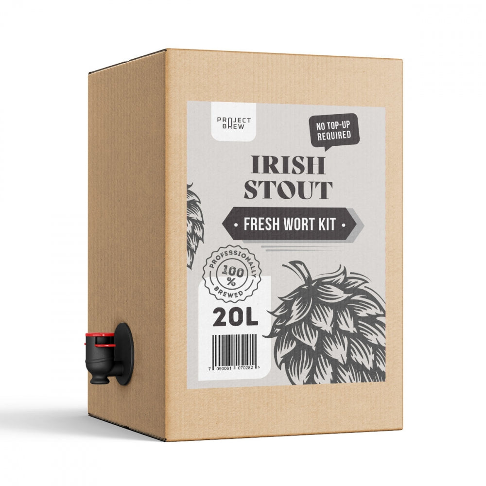 Austmann Irish Stout - 20L Fresh Wort Kit leveres i en pappeske med svart grafikk og en kran nederst til venstre - ideelt for hjemmebrygging.