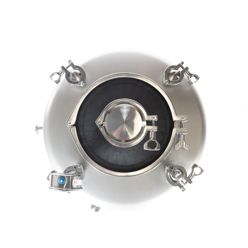 Brewtools F80 Unitank Light fra Brewtools, en sylindrisk gjæringstank i metall med sentrallokk og metallklemmer, perfekt for hjemmebryggere, vist ovenfra på en hvit bakgrunn.