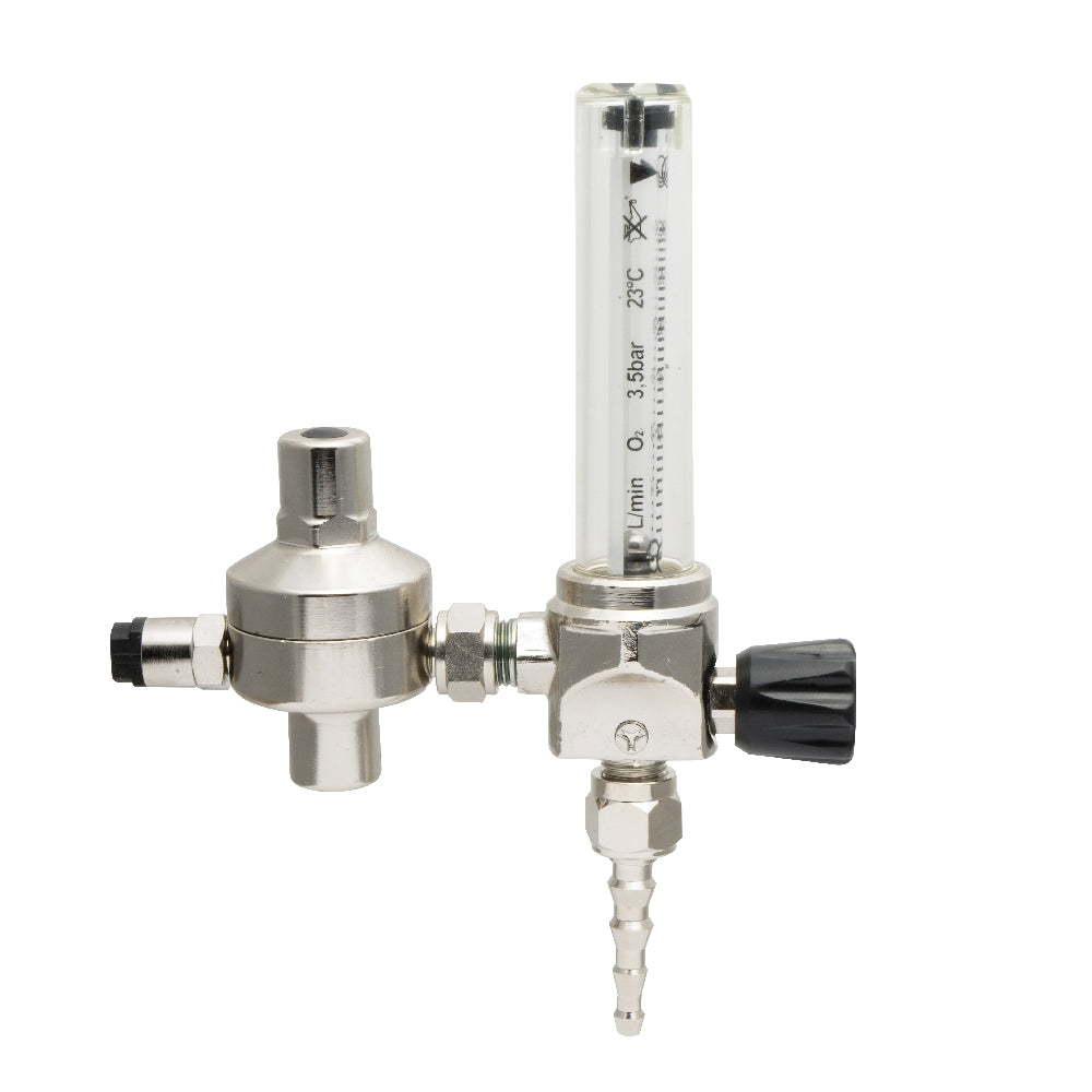 Oxyturbo Minor O2 - oksygenregulator med mengdemåler fra Oxyturbo har en design i rustfritt stål, trykkregulator, klart merket vertikalt rør, svart justeringsknott og en 3/8" slangertilkobling.