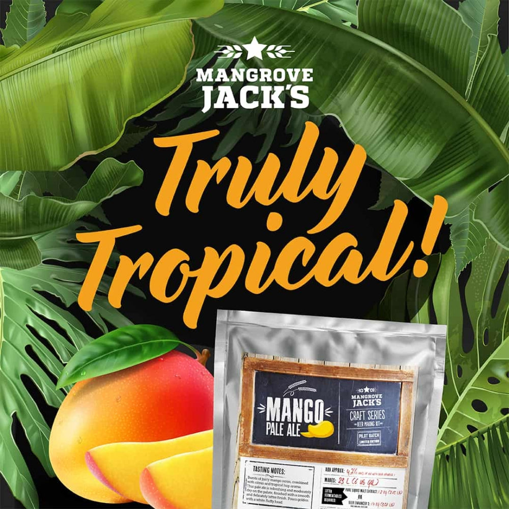 Mangrove Jacks Craft Series Mango Pale Ale ekstraktsett - 2,5kg vises foran tropiske blader og en mango, med teksten "Truly Tropical!" over.