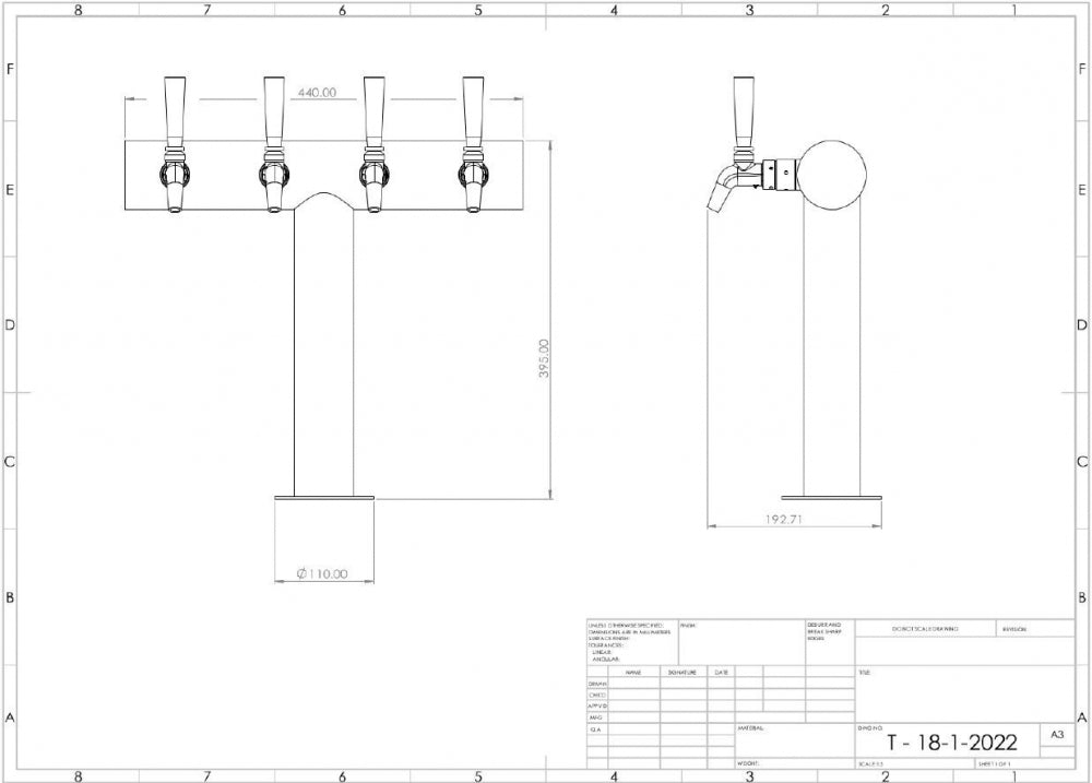 Teknisk tegning av Keg King UltraT FasTap Tappetårn sett med 4 kraner, som viser dimensjoner, side- og frontvisning, samt en detaljboks. Perfekt for kegerator- eller tappetårninstallasjoner.