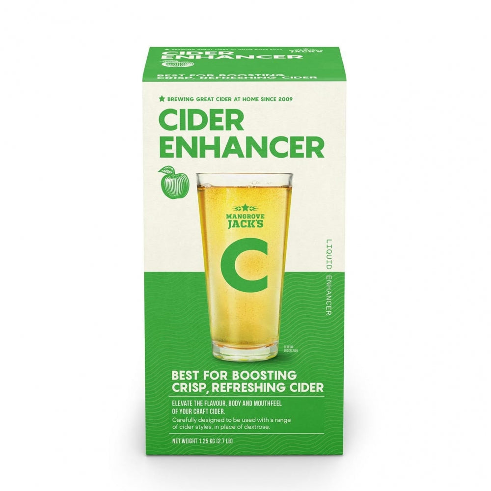 Mangrove Jacks Cider Enhancer 1,2 kg øker cidersmaken og munnfølelsen når du brygger hjemme; pakken har et ciderglass på forsiden.