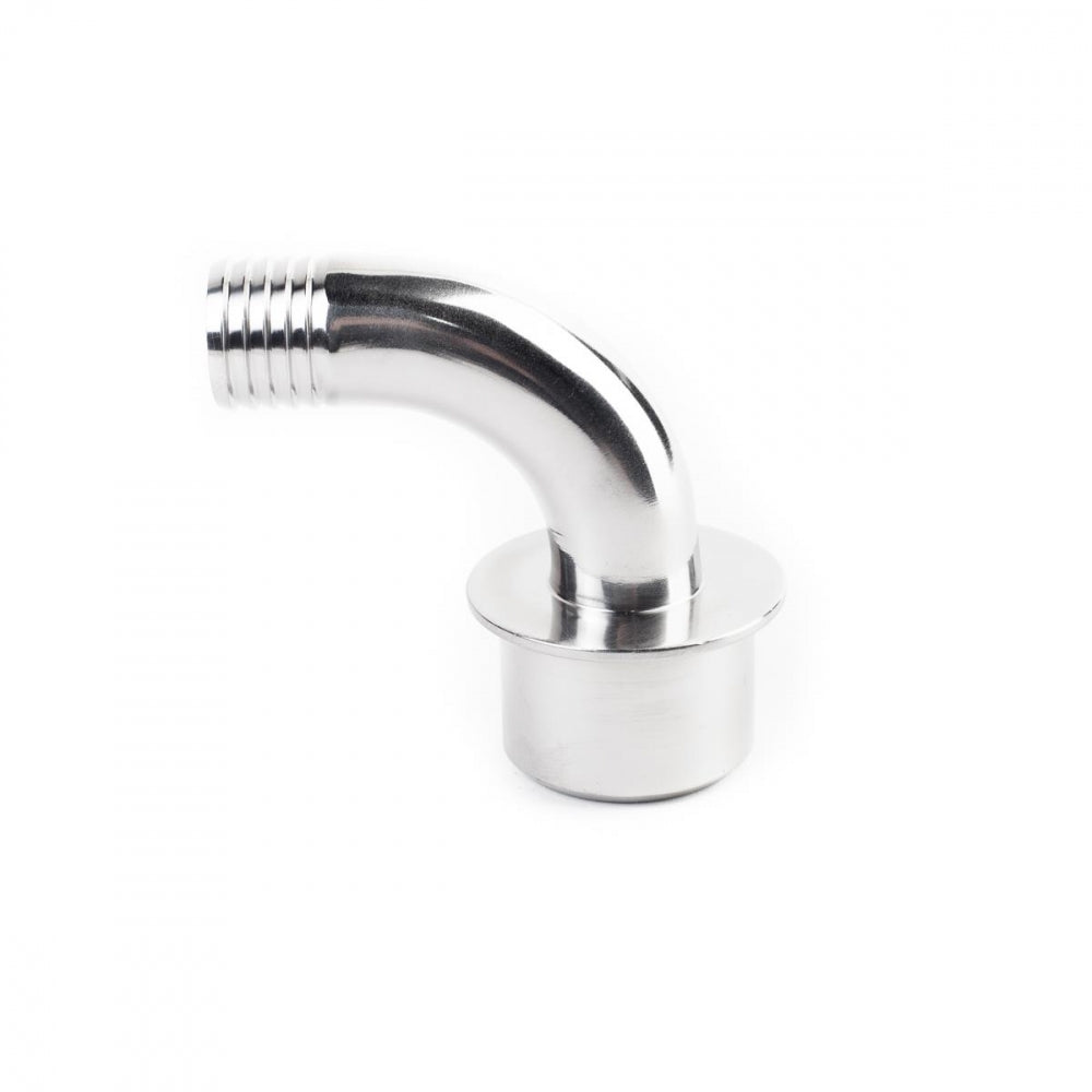 Brewtools Resirk. Fitting, 19mm slange albue: rustfritt stål 90° albue med flenset base og ribbet ende. Leveres uten pakning.