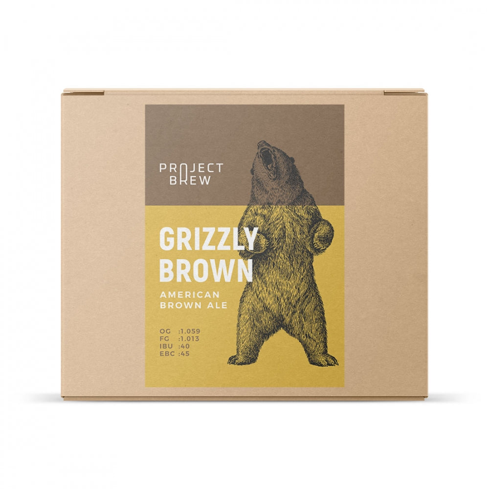 A Project Brew Grizzly Brown Ale - allgrain ølsett pappeske viser en stående bjørneillustrasjon på forsiden, noe som fremhever denne klassiske amerikanske Brown Ale.
