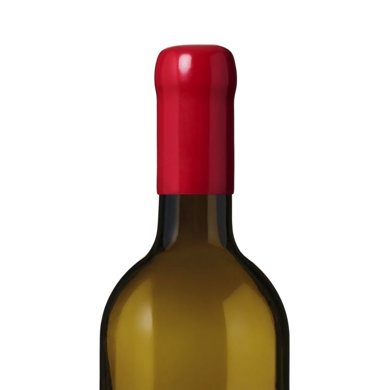 En flaske forseglet med Sincera Sistemi flaskevoks 100g - Bordeaux Red RD002 skiller seg ut mot en hvit bakgrunn og fremhever merkets eleganse.