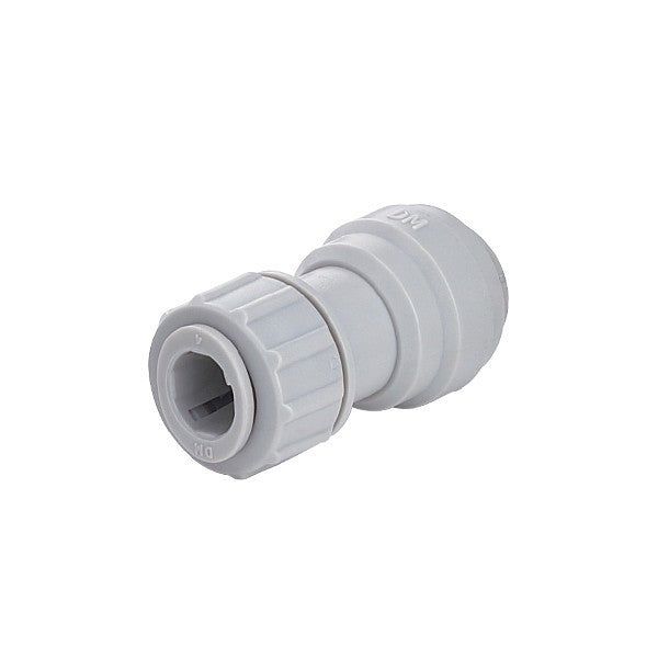 DMfit Power Union Connector 3/8" x Power 5/16", en gjenget rørkobling i grå plast fra Dmfit, er næringsmiddelgodkjent og kompatibel med Lindr AS-110-systemer, her vist mot en hvit bakgrunn.